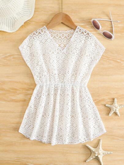 Young Girl' White Textured V-Neck Short Sleeve Elastic Waist Hollow Beach Cover-Up