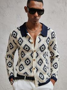 SHEIN X ELOISA & ORSON AKNOTIC Business Casual Cárdigan calado de color contrastante ajustado para hombre, adecuado para las temporadas de primavera y otoño