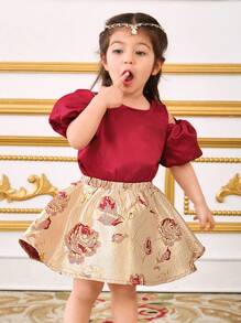 SHEIN 女婴优雅可爱泡泡袖缎面衬衫和锦缎中裙 2 件套 - 酒紅色 - 查看 6