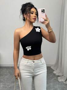 Chiquease 女士合身不对称领口褶皱 3D 花卉印花衬衫