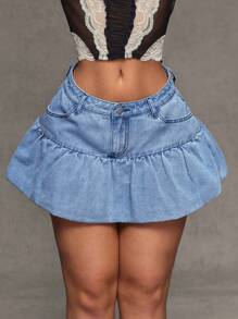 SHEIN BAE Minifalda de jean con bolsillos y bajo con volante para mujer - Azul - Ver 3