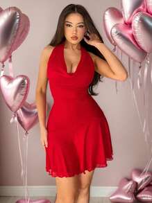 Firerie 优雅浪漫性感派对 V 领褶皱腰不对称下摆红色吊带迷你连衣裙，春夏情人节服装 - 紅色 - 查看 8