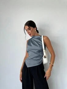Firerie Camisa de twill sin mangas con cuello plisado y bajo asimétrico, elegante y minimalista para oficina/ir al trabajo