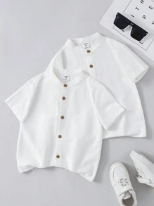 SHEIN 2 stuks Kids Boy Casual Stand Collar Half-Zip Loose Woven Short Sleeve Shirt Multi-Pack, 2 Stijlen 1 Van Elk, Geschikt Voor Woon-werkverkeer, School, Dagelijkse Kleding, Reizen, Sport, Lente, Zomer, Herfst, Winter