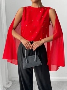 SHEIN Unity French Style Print Patchwork Long Sleeve Blouse, High-End Elegant Ladies Shirt Autumn Cloth For Women Party Date Night Red - Blue - View 3