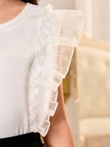 SHEIN Conjunto de 2 Peças para Meninas Tween: Blusa com Babado de Organza Branca e Saia A-Line Jacquard, Adequado para Escola, Passeio, Festa de Casamento, Festa de Aniversário - Multicolorido - Visão 4