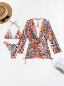 SHEIN Swim Tropical White Floral Print 3-Piece Swimwear Set With Beach Cover-Up Dress & Bikini Set,Summer,Casual,Pool Party,Vacation,Holiday For Beach - Multicolor - View 2