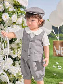 SHEIN Leap Crew 4 件套男婴/女婴休闲百搭短袖衬衫、背心、松紧腰短裤、帽子套装绅士西装，适合春夏季穿着，适合生日派对、洗礼、1 岁生日、庆祝、表演、婚礼