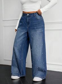 SHEIN EZwear Plus Size Casual Loose Beaded Embellished Wide-Leg Jeans