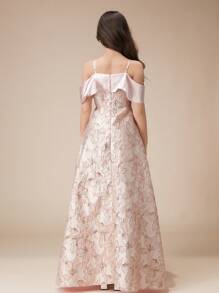 Teen Girls High-End Off Shoulder Spaghetti Strap Jacquard Patchwork Glossy Bow A-Line Long Dress, Flower Girl Ball Gown Pageant Formal Party - Pink - View 2