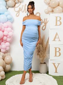 Loomaby 孕妇露肩褶皱休闲长裙