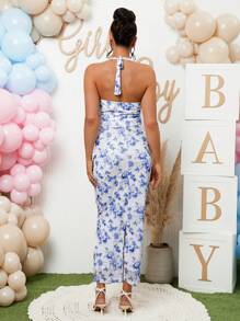 Loomaby 2 件套孕妇吊带上衣和裙子，简约时尚休闲日常穿着，适合婴儿洗礼派对，性别揭晓 - 藍白色 - 查看 2