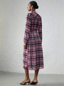 SHEIN Privé Vintage Elegant Chiffon Contrast Plaid Print PU Belt Women's Extra Long Shirt Dress - Multicolor - View 5