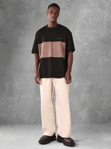 SUMWON Signature Script Oversized Color Block T-Shirt Premium Cotton Casual Streetwear Design Fashion Athletic Urban Basic Essential Summer Spring - Black - View 3