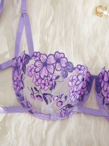 Esselle 2 Pieces Women Embroidery Floral Strap Lingerie Set - Purple - View 3