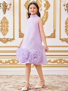 SHEIN Leap Crew Tween Girls Stand Collar Beaded 3D Floral Mesh Sleeveless A-Line Dress, Purple - Purple - View 5