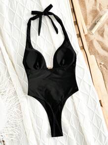 Swim Basics Springbreak Women Halter Neck High Cut Hollow Back One-Piece Swimsuit Festival Boho Summer Beach Vacation Wear