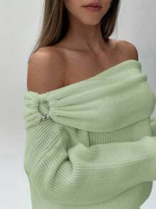 Aloruh Women's Autumn/Winter New Off Shoulder Design Long Sleeve Sweater - Mint Green - View 7