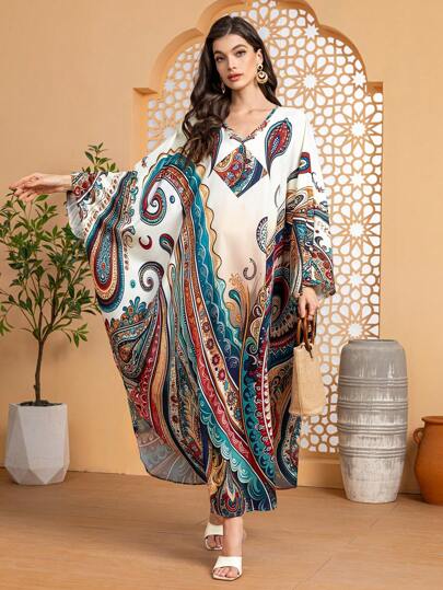 Al Najma Vestido largo estilo árabe casual con cuello en V, manga larga y estampado