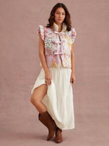 WESTFADE Winter Holiday Flower Print Cute Bow Front Puffer Vest Top 90s - Multicolor - View 2