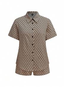 SHEIN LUNE Women Plus Size Black Printed Woven Shirt Top & Elastic Waist Shorts 2 Pieces Set, Casual & Comfortable - Multicolor - View 1