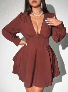 Viva Relle Plus Size Elegante Sexy Effen Diepe V-hals Pofmouw Mini Jurk