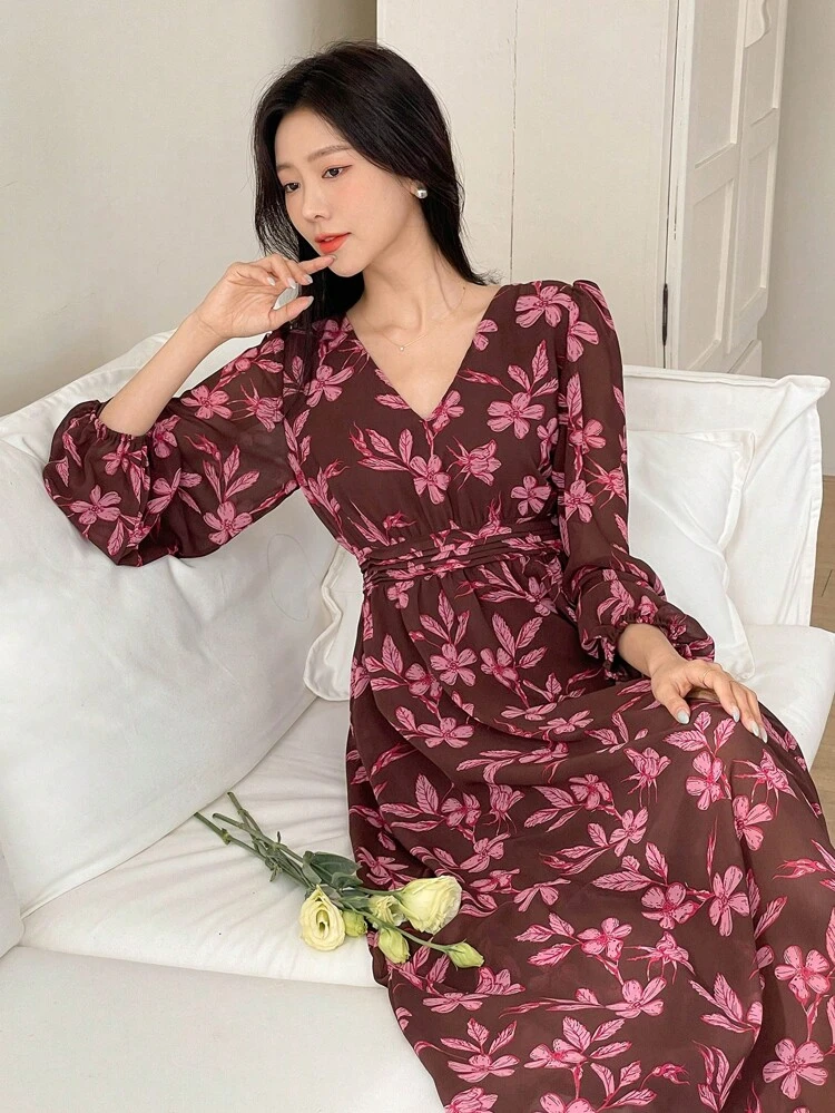 Women's Floral Print V-Neck Lantern Sleeve Dress,Fall Dress Long Sleeve Dress Maxi Dress