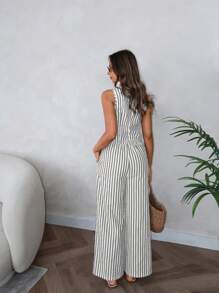 SHEIN LUNE Conjunto de 2 piezas para mujer: Chaleco a rayas azul y blanco y pantalones - Gris - Ver 2