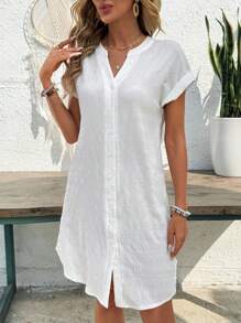 EMERY ROSE 女士休闲纯色前扣短款度假连衣裙 - 白色 - 查看 3