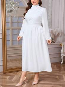 SHEIN Privé 大码女式优雅日常简约精致浪漫迷人通勤鸡尾酒会约会荷叶边泡泡袖收腰喇叭下摆长连衣裙，白色，春/秋 - 白色 - 查看 9