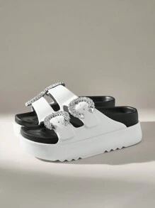 Solecia Women's Thick Bottom Rhinestone Buckle Design Wedge Slide Sandals Spring Break Easter For Casual Beach Style - White - View 2