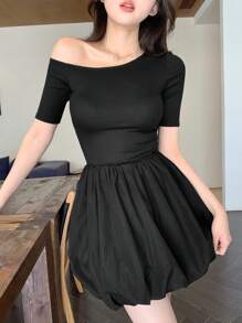DAZY Asymmetrical Shoulder Solid Color Ruched A-Line Mini Dress For Women,Casual Women Dresses