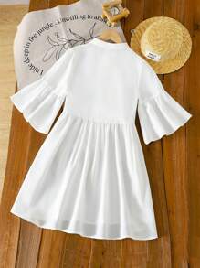 Young Girl Vacation Casual Fashion Woven Short Sleeve Shirt Dress - White - View 3