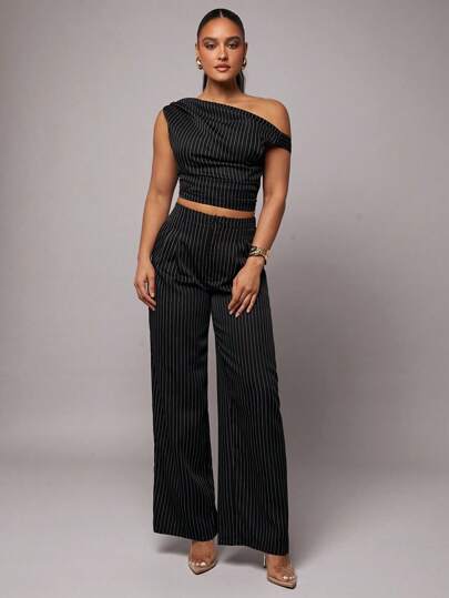 Silquee 春夏优雅性感黑白条纹不对称领口修身衬衫 + 裤子 2 件套商务套装，适合办公室、教师装、休闲外出