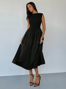 Aloruh Vestidos largos elegantes de mujer con cuello redondo, mangas cortas, espalda ajustada y mangas de campana - Vestidos elegantes de verano para mujer - Vestidos de vacaciones - Vestidos de mujer - Vestidos de verano de mujer - Vestidos negros de mujer - Vestidos de cumpleaños de mujer