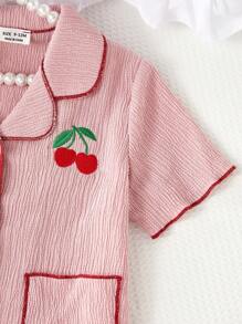 2pcs Baby & Baby Girl Casual Cherry Embroidered Short Sleeve Top And Shorts Set, Loungewear - Pink - View 6