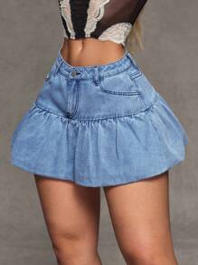 SHEIN BAE Minifalda de jean con bolsillos y bajo con volante para mujer - Azul - Ver 1