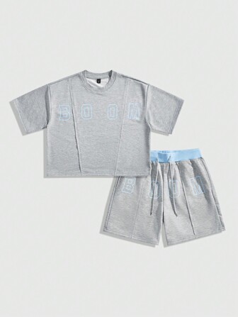 Street Life Conjunto de top de manga corta con cuello redondo y estampado de letras casual, y shorts para hombre