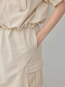 Dazy-Less 2 件套女士宽松休闲实用风格大口袋花卉荷叶边设计套装夏季复古风格商务休闲女装、教师装 - 杏色 - 查看 7