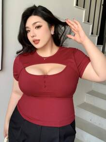 Dazy Plus 大码弹力修身圆领镂空短袖T恤，中国新年，春夏 - 紅色 - 查看 5