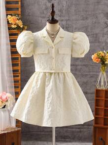 SHEIN Tween Girl Elegant Casual Puff Sleeve Texture Jacquard Fabric Shirt & Skirt Set, Spring/Summer, Back-To-School Season - White - View 8