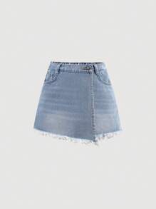 SHEIN Tween Girls' Spring And Summer Boho Ripped High Waist Wrap Front Denim Skort,Tween Girl Summer Break Outfits - Light Wash - View 1