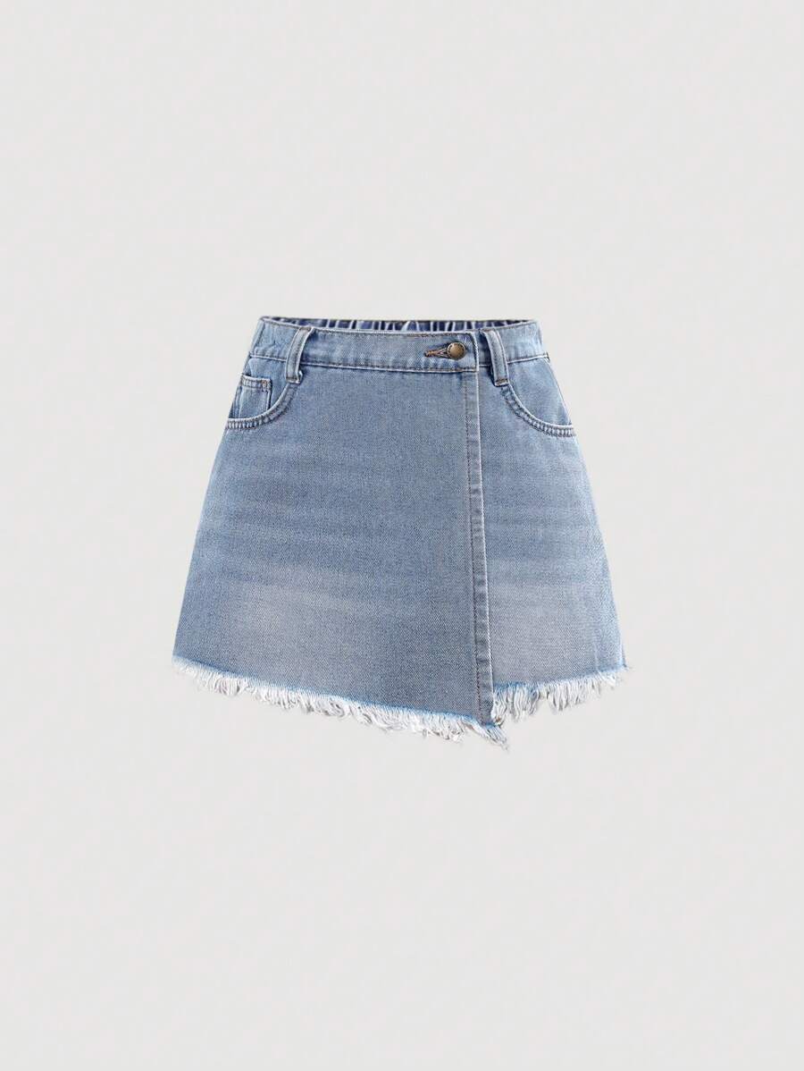 SHEIN Tween Girls' Spring And Summer Boho Ripped High Waist Wrap Front Denim Skort,Tween Girl Summer Break Outfits - Light Wash - View 1