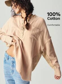 Bohemela Camisa maxi de manga larga con botones, de corte holgado y unicolor, para mujer