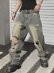 Manfinity EMRG Men's Pocket Distressed Wide Leg Loose Casual Fashionable Jeans - Light Wash - View 5