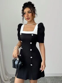 Elenzga 女士优雅撞色方领短袖连衣裙