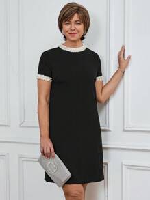 Miaspire 女士休闲串珠带领设计圆领短袖黑色迷你连衣裙，春夏日常穿着 - 黑色 - 查看 2