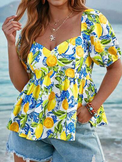 SHEIN VCAY Blusa con estampado de limón, escote en forma de corazón y mangas de farol para mujer talla grande, estilo bohemio, ideal para vacaciones de verano y primavera en la playa