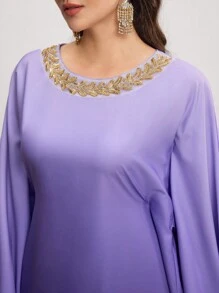 Al Najma Damen Langer Arabischer Freizeitkleid mit lila Farbverlauf und Juwelen-Rundhalsausschnitt, Langarm, Farbverlauf für Frühling und Valentinstag - Violett - Übersicht 7