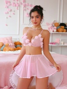 SHEIN 3 件套浪漫花朵荷叶边下摆裙子和内衣套装，性感 - 粉色 - 查看 4